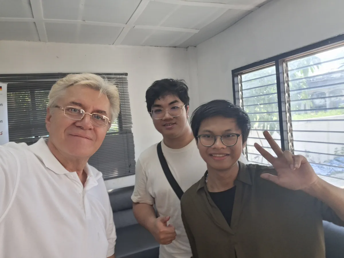 Dr. Roland Petrasch together with Khun Ball and Khun Donut after their interview and workshop at the Nam Jai Code Lab